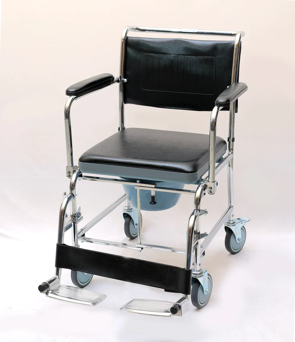 Rolling Commode Chair With Locking System Wheel With Commode Pot | Western Toilet & Portable Use | Removable Footrest | Flip-down Armrest (Seat Lift | Foldable Frame)