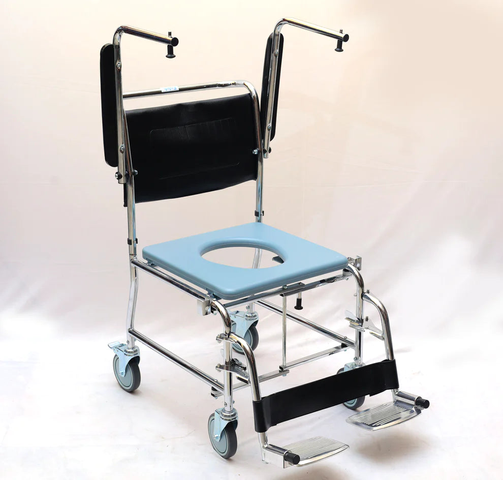Rolling Commode Chair With Locking System Wheel With Commode Pot | Western Toilet & Portable Use | Removable Footrest | Flip-down Armrest (Seat Lift | Foldable Frame)
