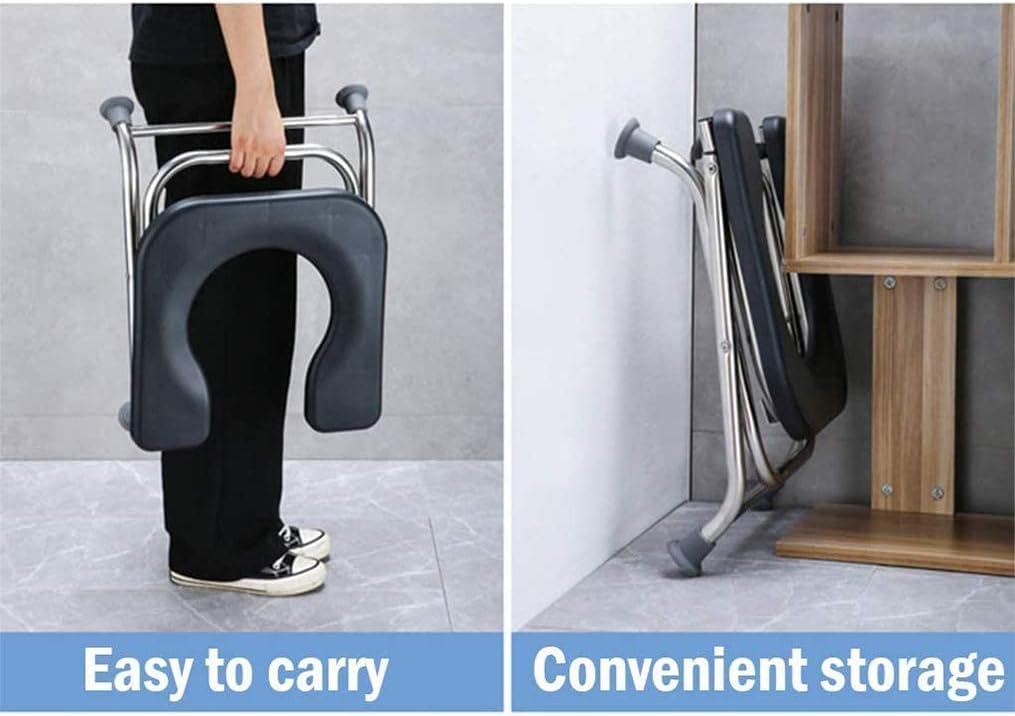 Black Imported Foldable Stainless Steel Shower Commode Stool | Bedside Commode Chair Toilet Comfortable For Elderly Pregnant Women, Senior & Disabled Patients