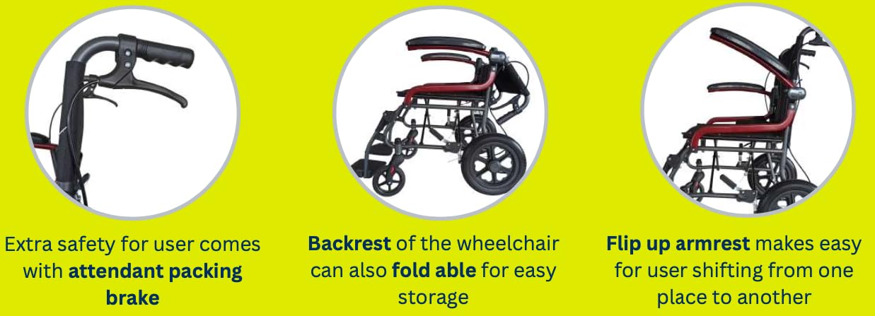 Karma Ryder 6 MWC-AR FR-F12 Lightweight Folding Wheelchair for Easy Compact Mobility | MS Frame | Flip Up Arm Rest & Footrest | Ergonomic Comfortable Seating | Attendant Brake