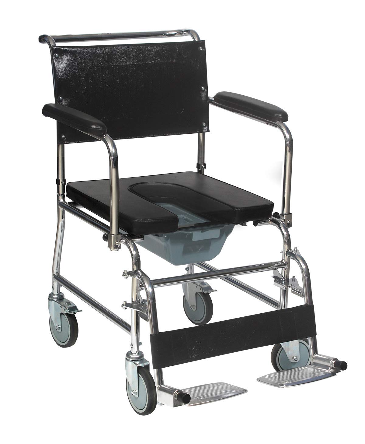 Rolling Commode Chair U-Cut Seat with Removable Pot | Chrome Steel Frame | Lightweight Portable Durable Wheelchair | Flip Down Armrest | Detachable Legrest | 5'' Castor Wheels Rear With Brake