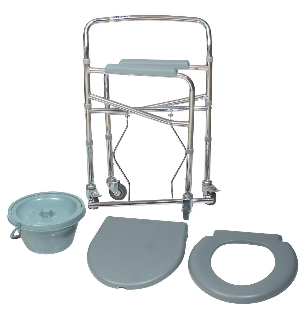 Portable Height Adjustable Folding Commode Chair With Wheel & Commode Pot | Shower Transport Chair | Padded Toilet Seat | Arm Rests | Chrome Plated Steel | Rear Wheel Lock
