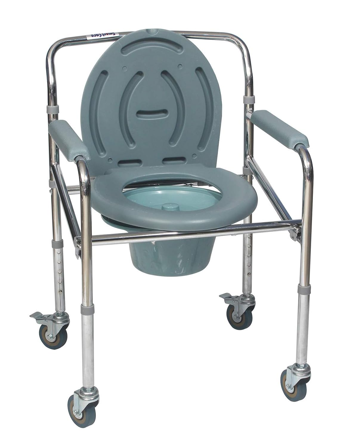 Portable Height Adjustable Folding Commode Chair With Wheel & Commode Pot | Shower Transport Chair | Padded Toilet Seat | Arm Rests | Chrome Plated Steel | Rear Wheel Lock