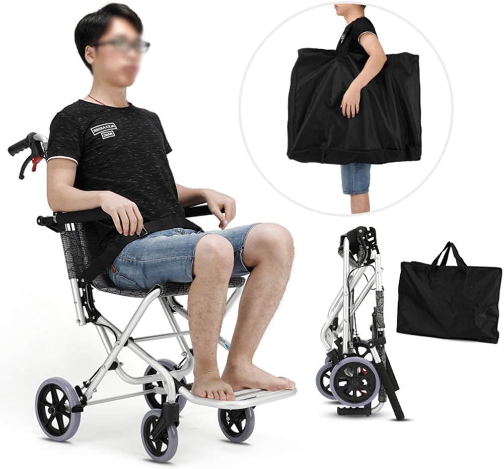 Ultralightweight Compact Foldable Portable Aluminum Transit Wheelchair With Travelling Carry Bag - Flip Up Footrests & Armrests | Attendant Propelled With Brake For Adults, Elderly & Children