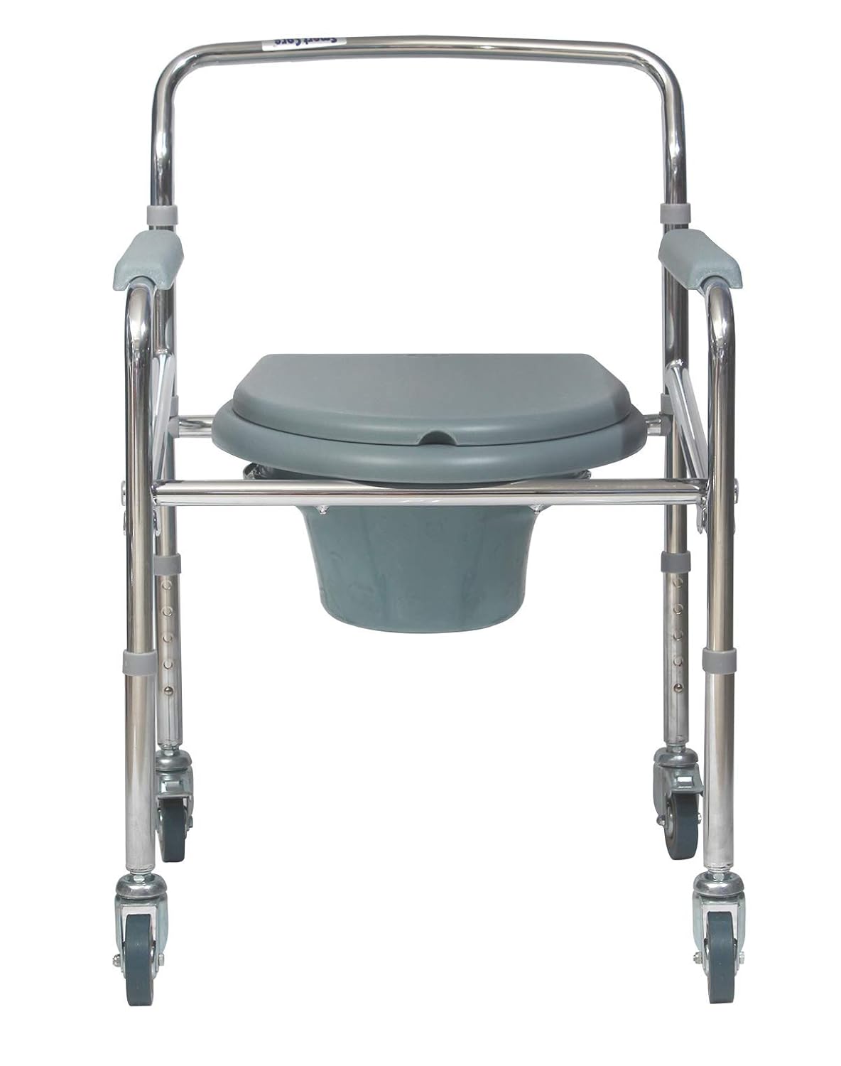 Portable Height Adjustable Folding Commode Chair With Wheel & Commode Pot | Shower Transport Chair | Padded Toilet Seat | Arm Rests | Chrome Plated Steel | Rear Wheel Lock
