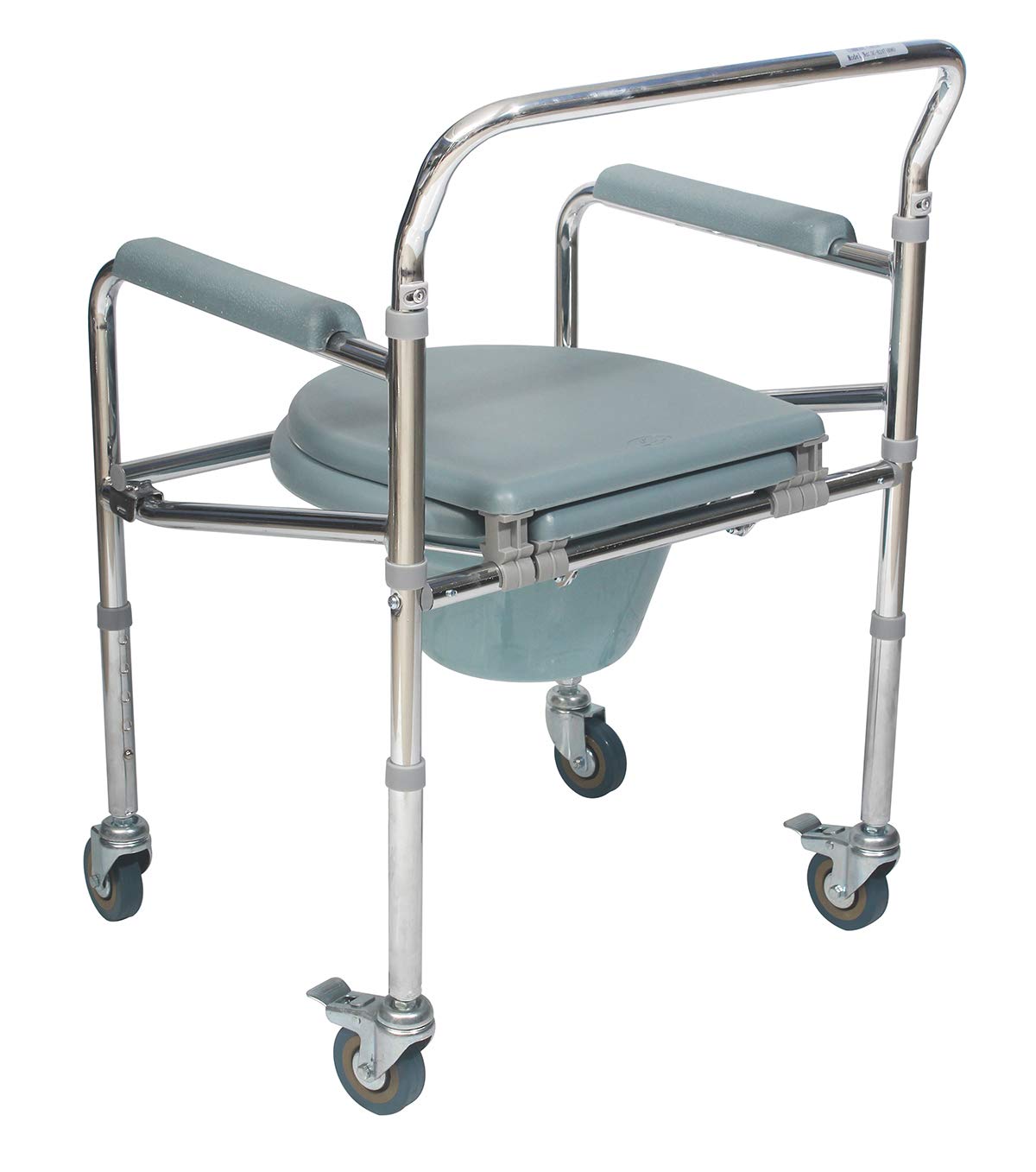 Portable Height Adjustable Folding Commode Chair With Wheel & Commode Pot | Shower Transport Chair | Padded Toilet Seat | Arm Rests | Chrome Plated Steel | Rear Wheel Lock