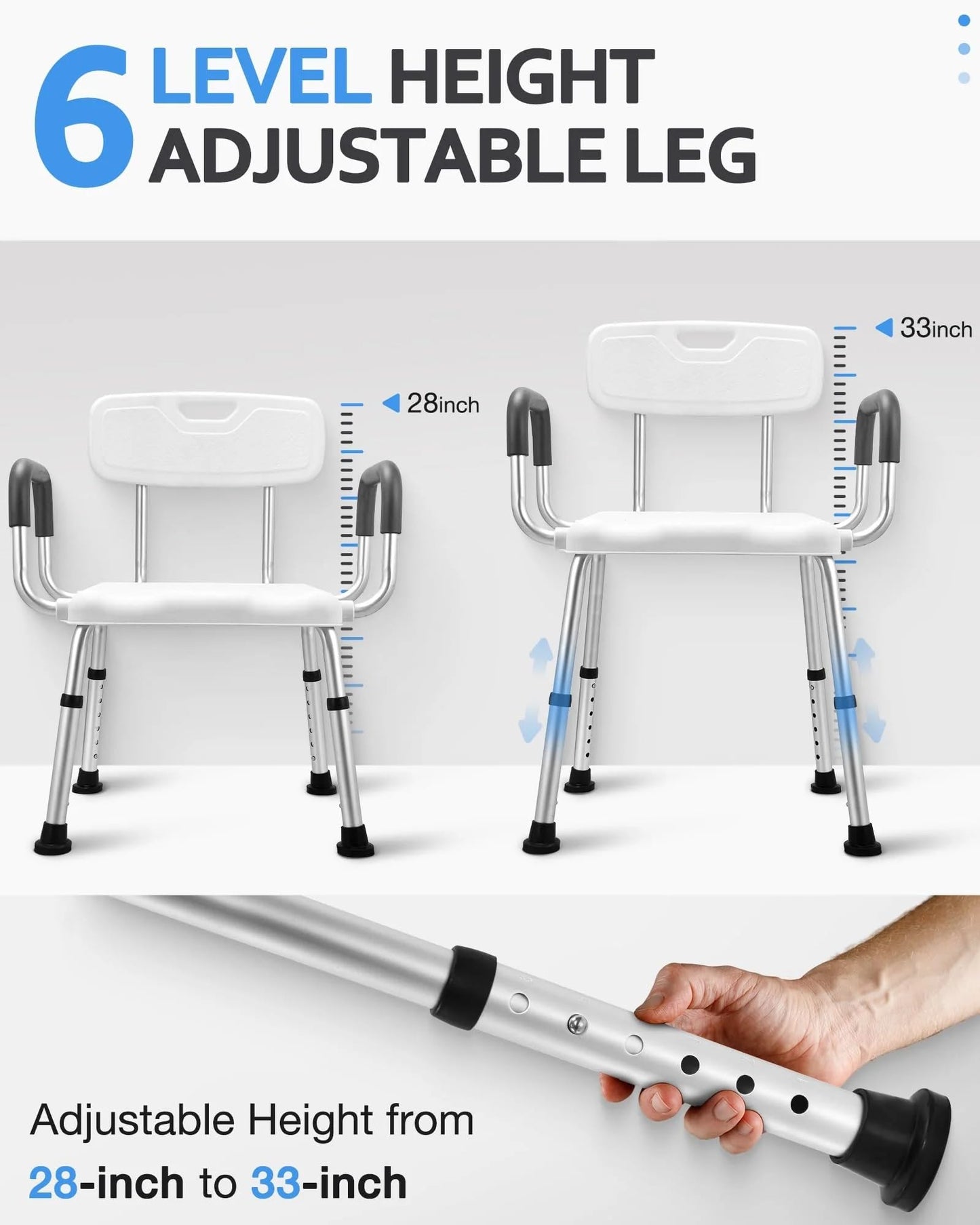 eOnekart Comfort Shower Chair with Back & Armrests, Height Adjustable Bathroom Bath Chair, Lightweight Anti-Rust Aluminum Shower Stool, Non-Slip Safe Support Seat for Elderly, Seniors, Disabled & Post-Surgery Patients