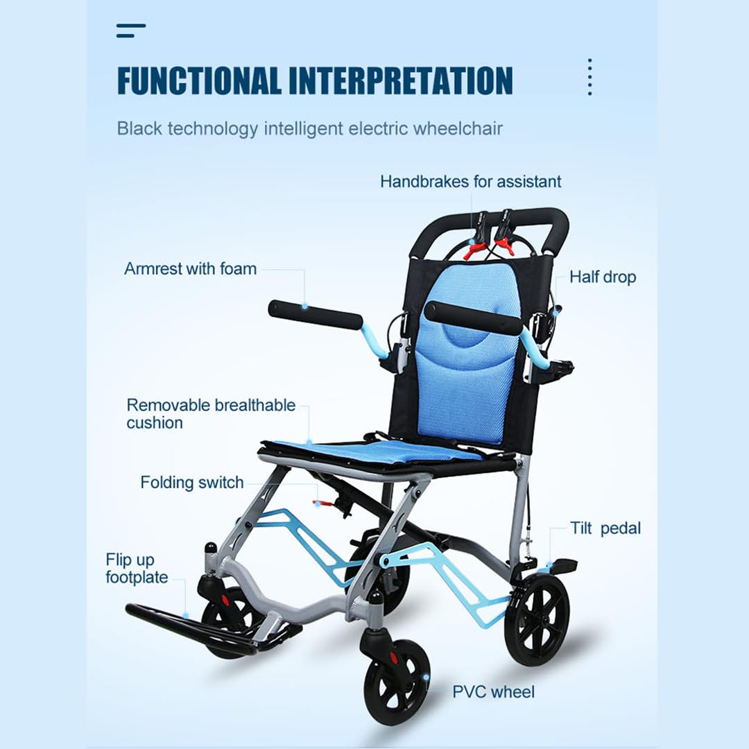 Airplane Transit Wheelchair | Lightweight Aluminium Portable Transport Chair | Half-folding Backrest | Flip-up Leg Rest