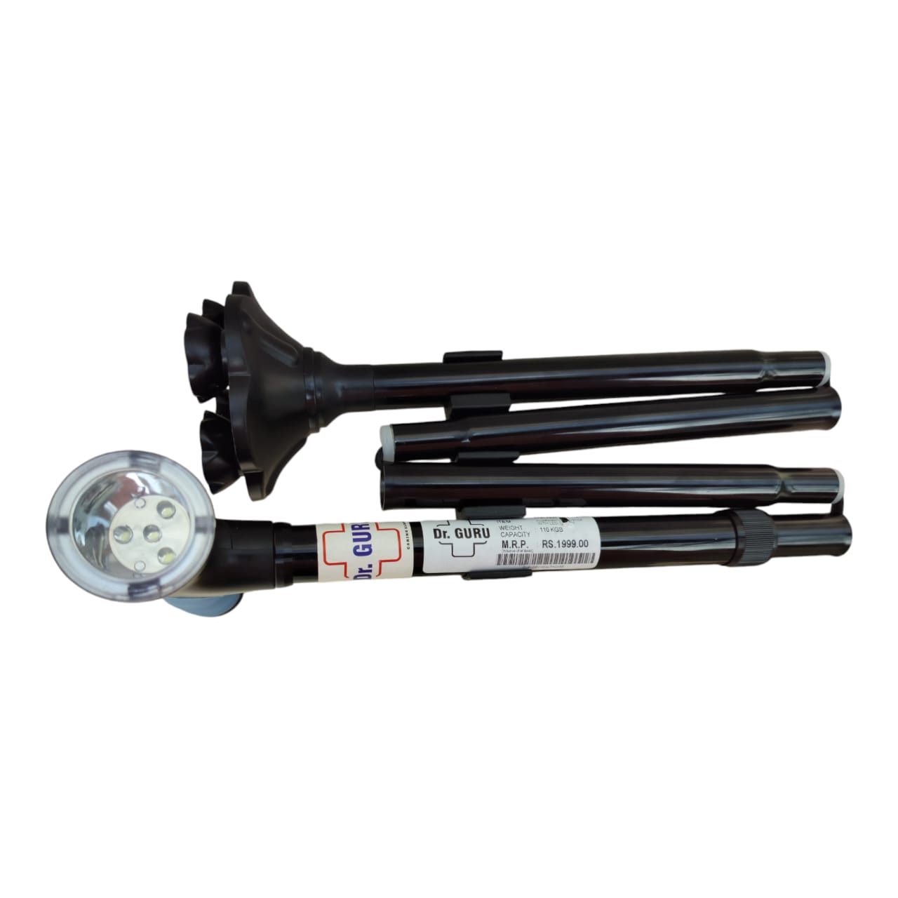 3 Folding 4-Leg Vaccume Base with LED Torch Aluminium Black Lightweight Walking Stick (Cane 1000)