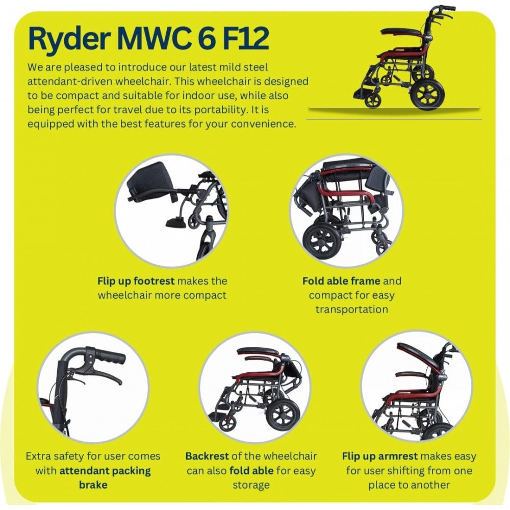 Karma Ryder 6 MWC-AR FR-F12 Lightweight Folding Wheelchair for Easy Compact Mobility | MS Frame | Flip Up Arm Rest & Footrest | Ergonomic Comfortable Seating | Attendant Brake