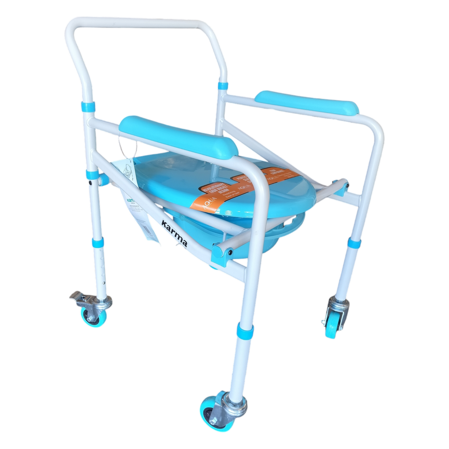 Karma Aqua-5 Bedside Commode With Wheel Chair for Adult Patient for Home Hospitals Clinics I Weight Capacity Upto 120kg I Height Adjustable I Foldable Toilet Seat - Blue