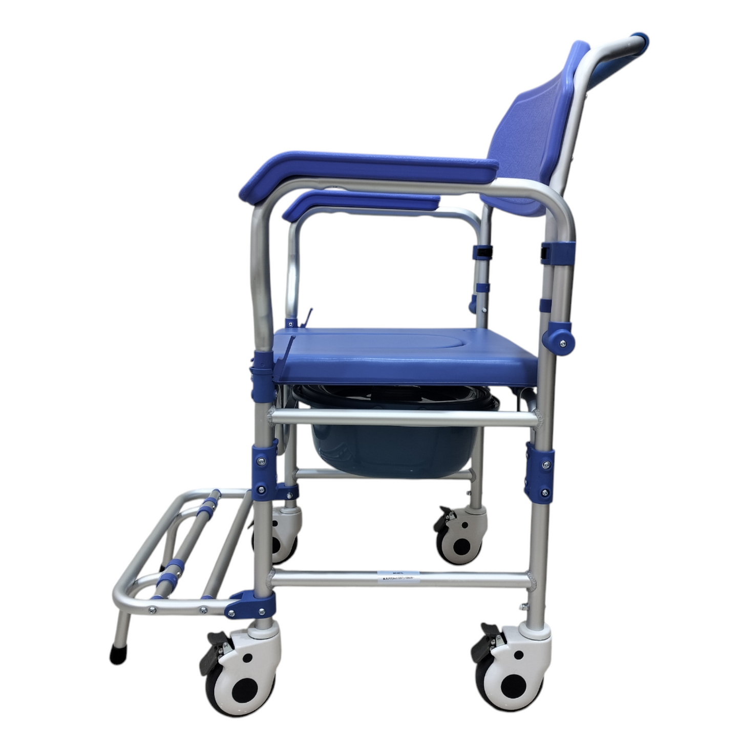 Aluminum Rolling Shower Commode Chair With 4" Castor Locking Wheels | Soft Padded U-Cut Seat | Lightweight Bathroom/Toilet Wheelchair With Bucket, Armrest, Footrest for Elderly & Seniors