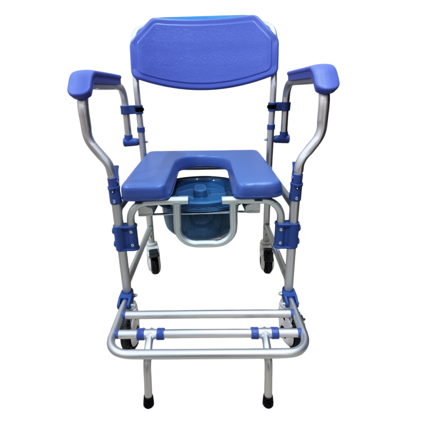Aluminum Rolling Shower Commode Chair With 4" Castor Locking Wheels | Soft Padded U-Cut Seat | Lightweight Bathroom/Toilet Wheelchair With Bucket, Armrest, Footrest for Elderly & Seniors