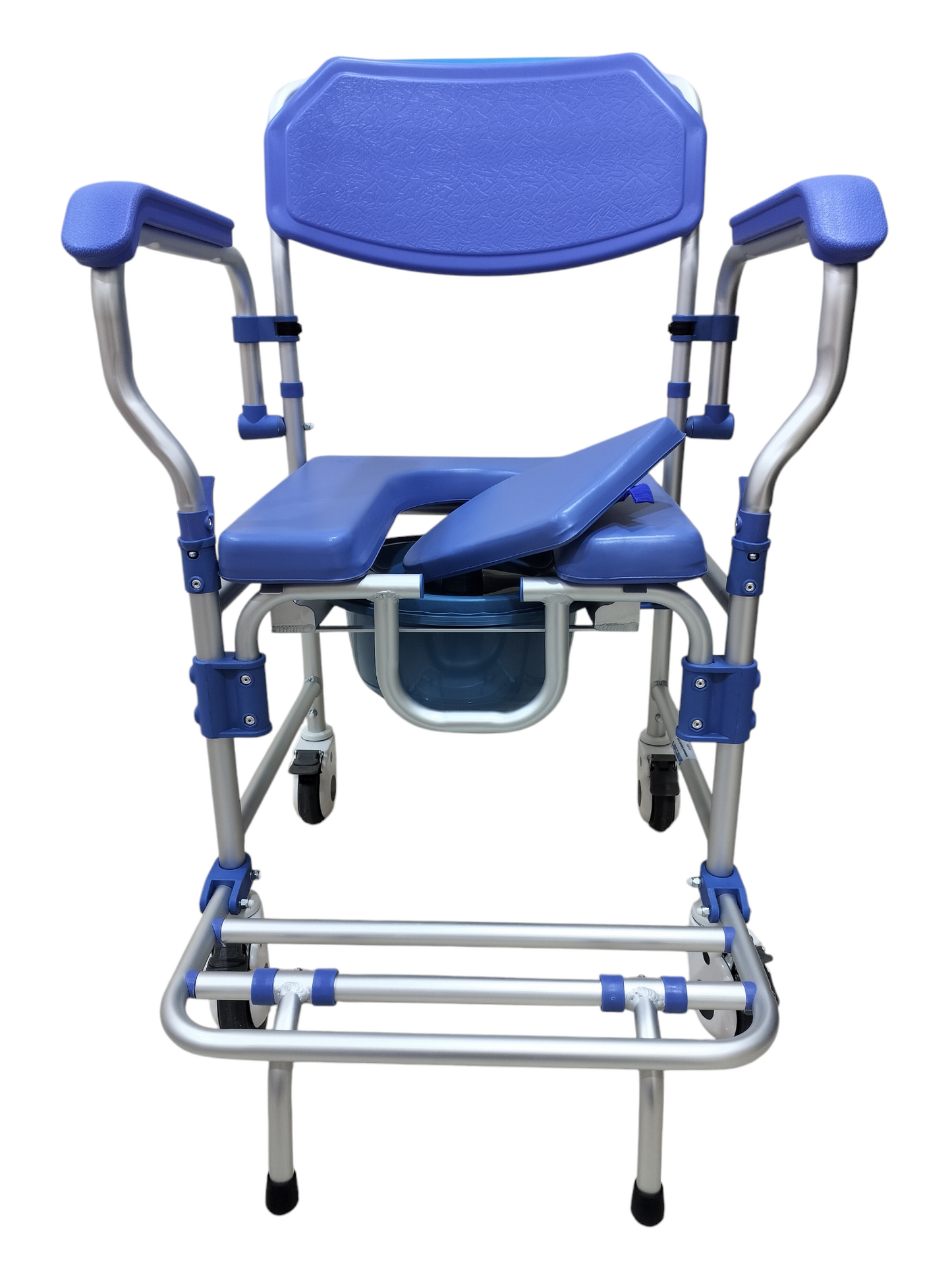 Aluminum Rolling Shower Commode Chair With 4" Castor Locking Wheels | Soft Padded U-Cut Seat | Lightweight Bathroom/Toilet Wheelchair With Bucket, Armrest, Footrest for Elderly & Seniors