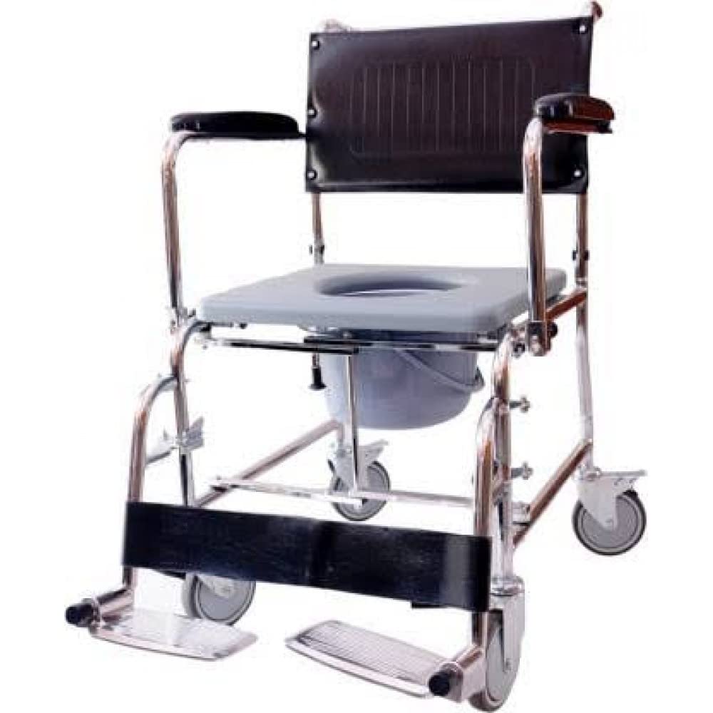 Rolling Commode Chair With Locking System Wheel With Commode Pot | Western Toilet & Portable Use | Removable Footrest | Flip-down Armrest (Seat Lift | Foldable Frame)