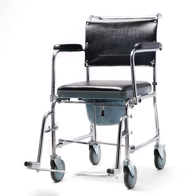 Rolling Commode Chair With Locking System Wheel With Commode Pot | Western Toilet & Portable Use | Removable Footrest | Flip-down Armrest (Seat Lift | Foldable Frame)