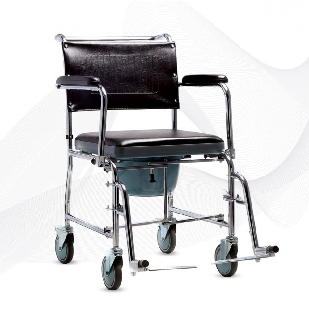 Rolling Commode Chair With Locking System Wheel With Commode Pot | Western Toilet & Portable Use | Removable Footrest | Flip-down Armrest (Seat Lift | Foldable Frame)