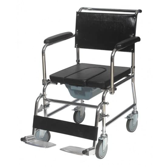 Rolling Commode Chair U-Cut Seat with Removable Pot | Chrome Steel Frame | Lightweight Portable Durable Wheelchair | Flip Down Armrest | Detachable Legrest | 5'' Castor Wheels Rear With Brake