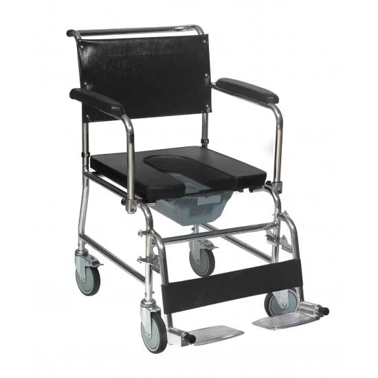 Rolling Commode Chair U-Cut Seat with Removable Pot | Chrome Steel Frame | Lightweight Portable Durable Wheelchair | Flip Down Armrest | Detachable Legrest | 5'' Castor Wheels Rear With Brake