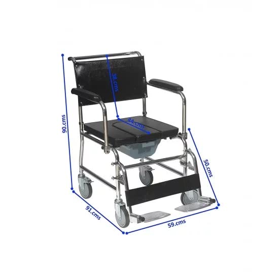 Rolling Commode Chair U-Cut Seat with Removable Pot | Chrome Steel Frame | Lightweight Portable Durable Wheelchair | Flip Down Armrest | Detachable Legrest | 5'' Castor Wheels Rear With Brake