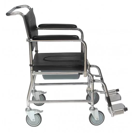 Rolling Commode Chair U-Cut Seat with Removable Pot | Chrome Steel Frame | Lightweight Portable Durable Wheelchair | Flip Down Armrest | Detachable Legrest | 5'' Castor Wheels Rear With Brake