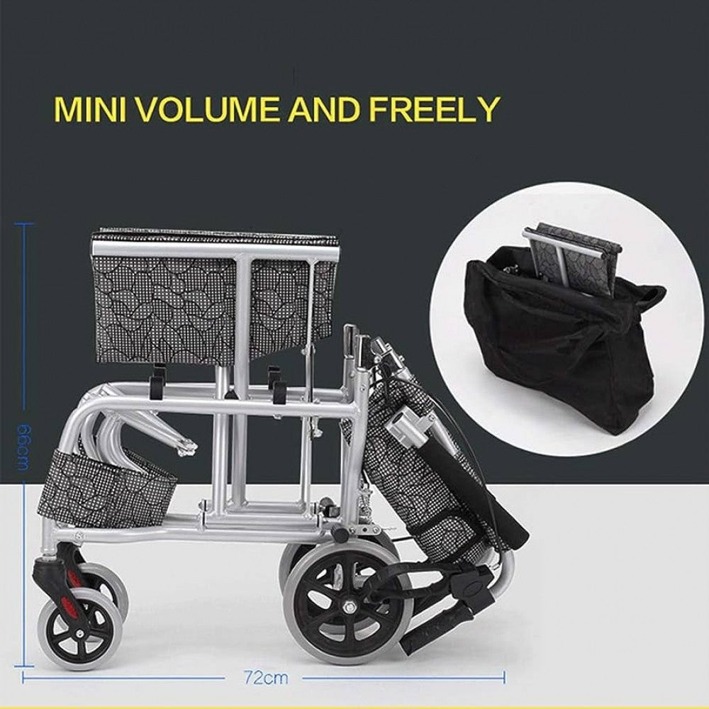 Ultralightweight Compact Foldable Portable Aluminum Transit Wheelchair With Travelling Carry Bag - Flip Up Footrests & Armrests | Attendant Propelled With Brake For Adults, Elderly & Children