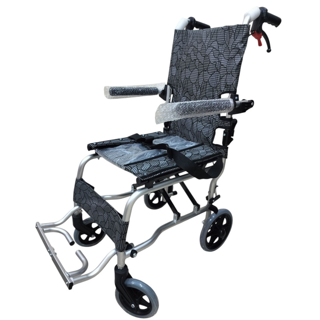 Ultralightweight Compact Foldable Portable Aluminum Transit Wheelchair With Travelling Carry Bag - Flip Up Footrests & Armrests | Attendant Propelled With Brake For Adults, Elderly & Children