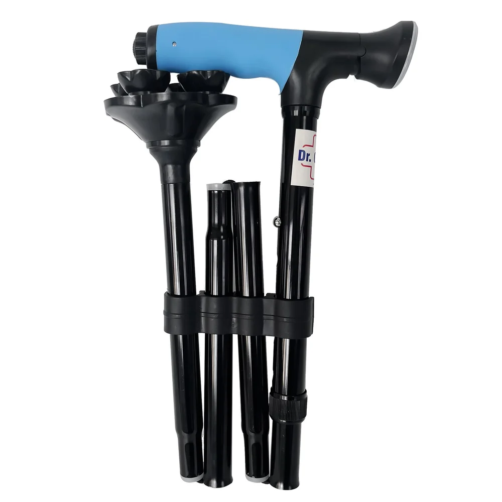 3 Folding 4-Leg Vaccume Base with LED Torch Aluminium Black Lightweight Walking Stick (Cane 1000)
