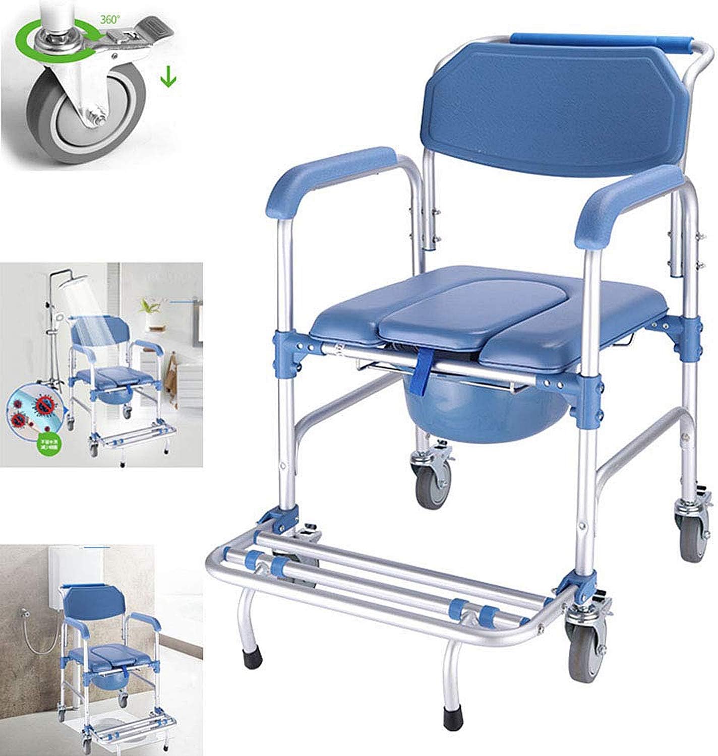 Multifunctional Rolling Shower Commode Chair With Locking Wheels | Soft Padded U-Cut Seat | Lightweight Folding Bathroom/Toilet Wheelchair With Bucket, Armrest, Footrest for Elderly & Seniors