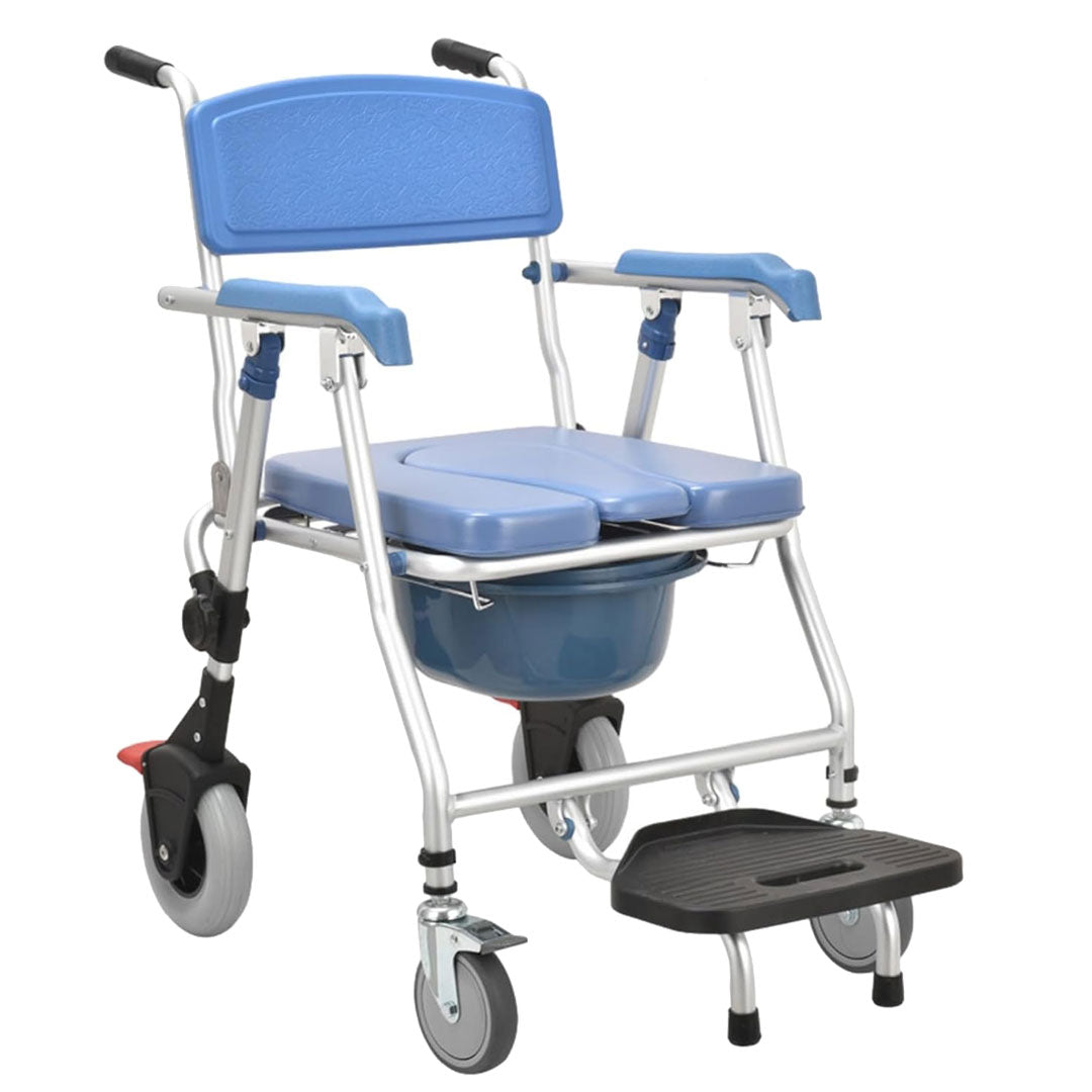 Multipurpose 4-in-1 Folding Bedside Commode Shower Wheelchair With Bucket, Armrest, Footrest & Padded Cushion | Rolling Bathroom/toilet Transport Chair Locking Wheels for Elderly and Seniors
