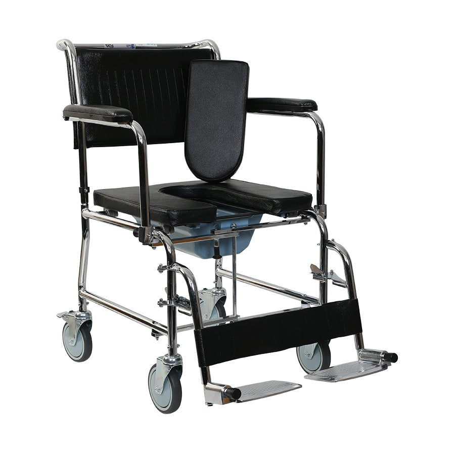 Rolling Commode Chair U-Cut Seat with Removable Pot | Chrome Steel Frame | Lightweight Portable Durable Wheelchair | Flip Down Armrest | Detachable Legrest | 5'' Castor Wheels Rear With Brake