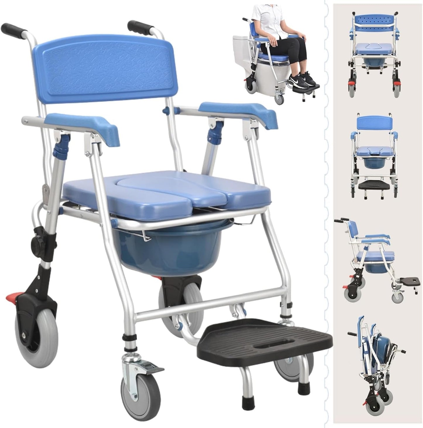 Multipurpose 4-in-1 Folding Bedside Commode Shower Wheelchair With Bucket, Armrest, Footrest & Padded Cushion | Rolling Bathroom/toilet Transport Chair Locking Wheels for Elderly and Seniors
