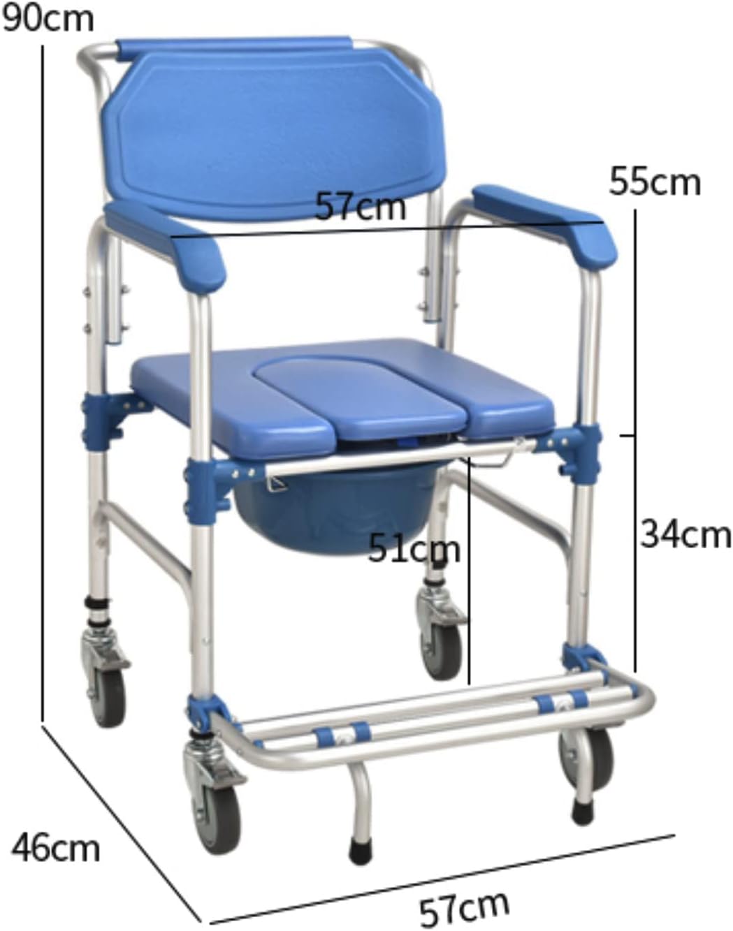 Multifunctional Rolling Shower Commode Chair With Locking Wheels | Soft Padded U-Cut Seat | Lightweight Folding Bathroom/Toilet Wheelchair With Bucket, Armrest, Footrest for Elderly & Seniors