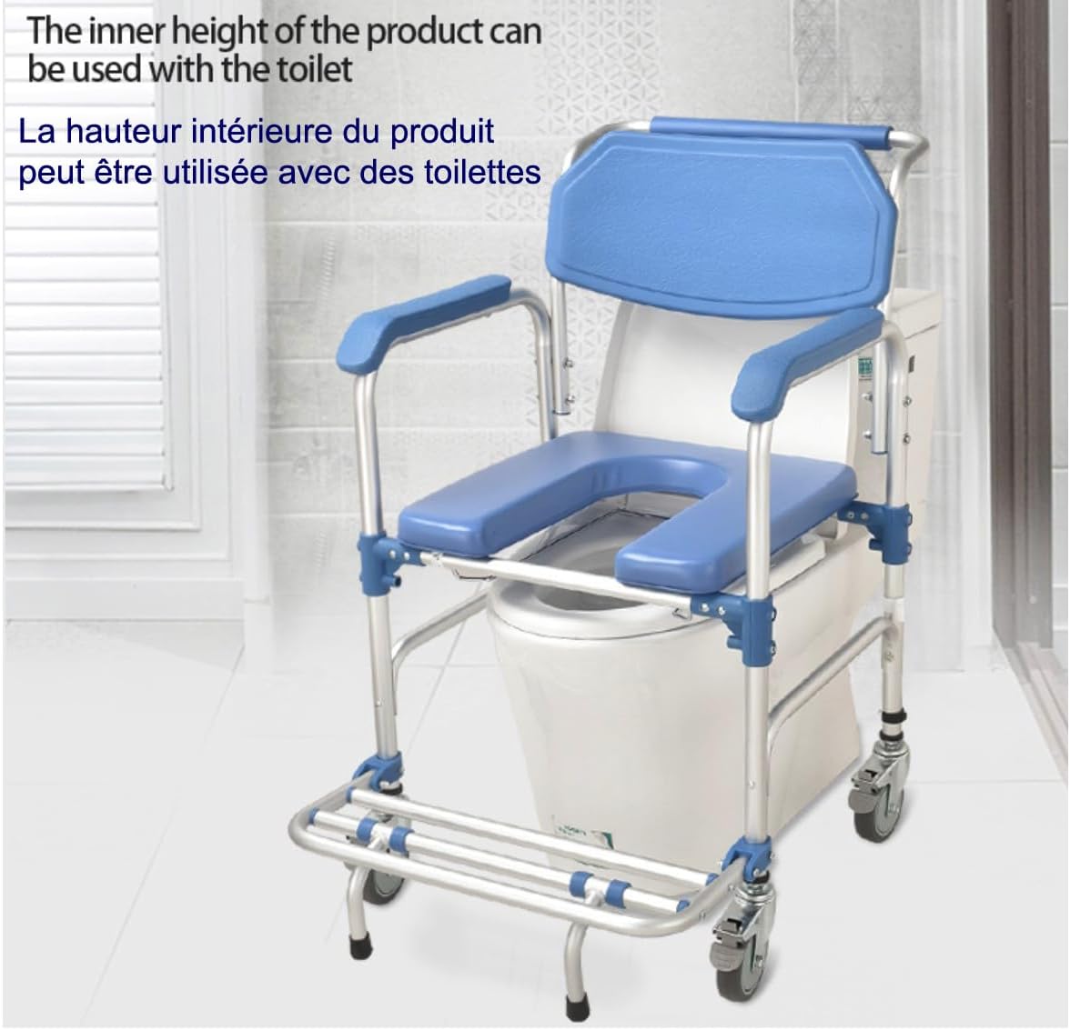 Multifunctional Rolling Shower Commode Chair With Locking Wheels | Soft Padded U-Cut Seat | Lightweight Folding Bathroom/Toilet Wheelchair With Bucket, Armrest, Footrest for Elderly & Seniors