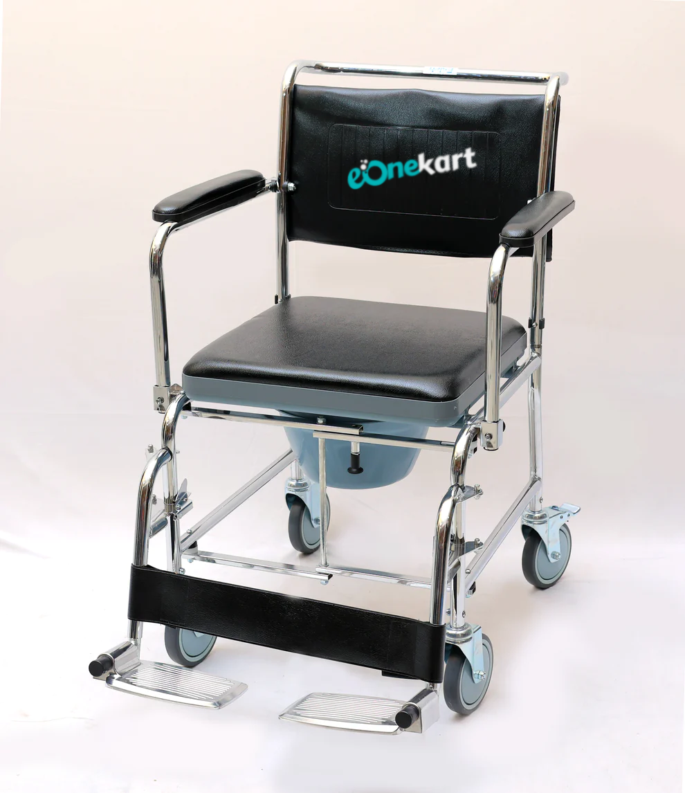 Rolling Commode Chair With Locking System Wheel With Commode Pot | Western Toilet & Portable Use | Removable Footrest | Flip-down Armrest (Seat Lift | Foldable Frame)