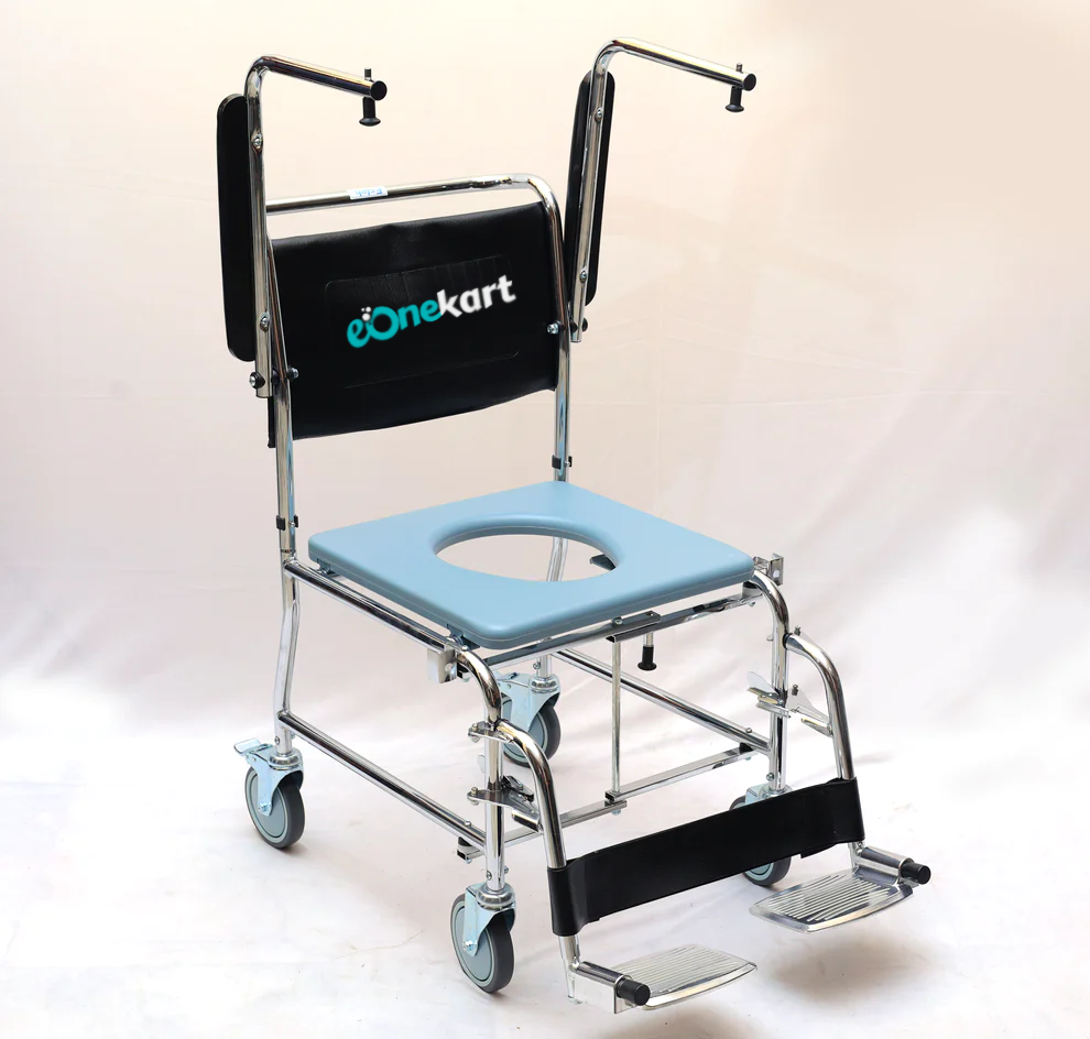 Rolling Commode Chair With Locking System Wheel With Commode Pot | Western Toilet & Portable Use | Removable Footrest | Flip-down Armrest (Seat Lift | Foldable Frame)