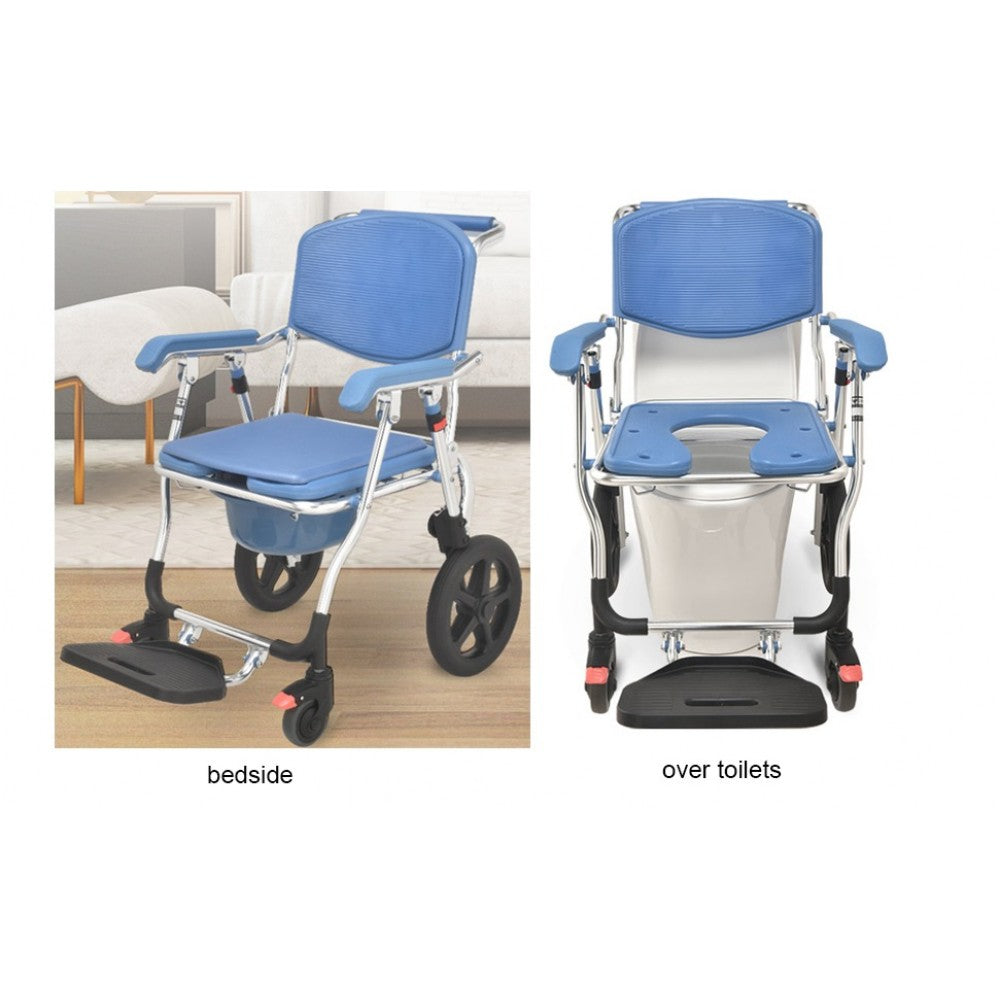 Multipurpose 3-in-1 Folding Bedside Commode Shower Chair with Footrest, Soft Cushion Backrest, Locking Wheels | Medical Rolling Bathroom/Toilet Transport Wheelchair for Elderly and Seniors