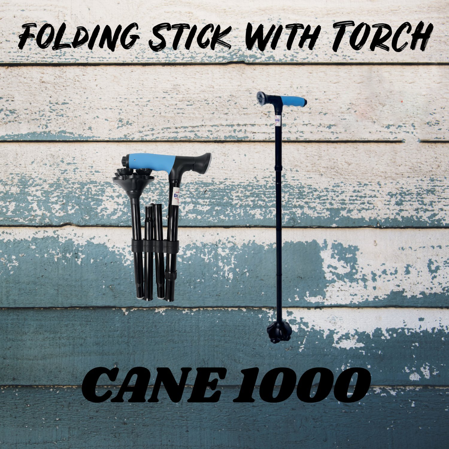 3 Folding 4-Leg Vaccume Base with LED Torch Aluminium Black Lightweight Walking Stick (Cane 1000)