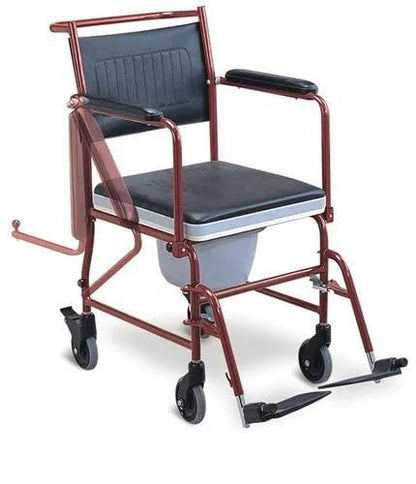 eOnekart Lightweight Portable Rolling Commode Wheelchair with Removable Pot & Padded Seat | Flip-Up Armrests, Detachable Footrests | Powder-Coated Steel Frame | 5-Inch Lockable Rear Wheels for Elderly & Patients