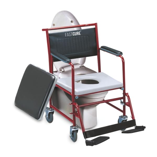 eOnekart Lightweight Portable Rolling Commode Wheelchair with Removable Pot & Padded Seat | Flip-Up Armrests, Detachable Footrests | Powder-Coated Steel Frame | 5-Inch Lockable Rear Wheels for Elderly & Patients