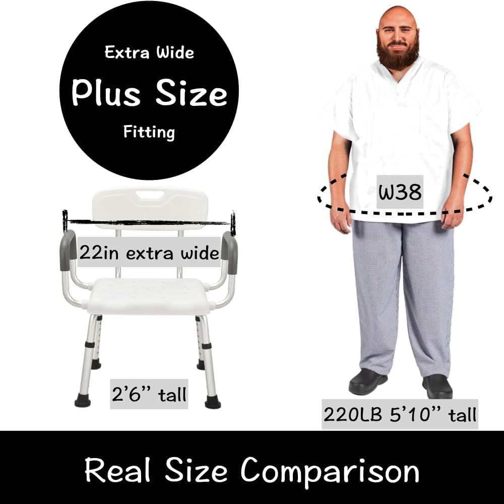 eOnekart Comfort Shower Chair with Back & Armrests, Height Adjustable Bathroom Bath Chair, Lightweight Anti-Rust Aluminum Shower Stool, Non-Slip Safe Support Seat for Elderly, Seniors, Disabled & Post-Surgery Patients