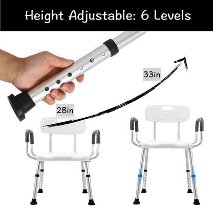 eOnekart Comfort Shower Chair with Back & Armrests, Height Adjustable Bathroom Bath Chair, Lightweight Anti-Rust Aluminum Shower Stool, Non-Slip Safe Support Seat for Elderly, Seniors, Disabled & Post-Surgery Patients