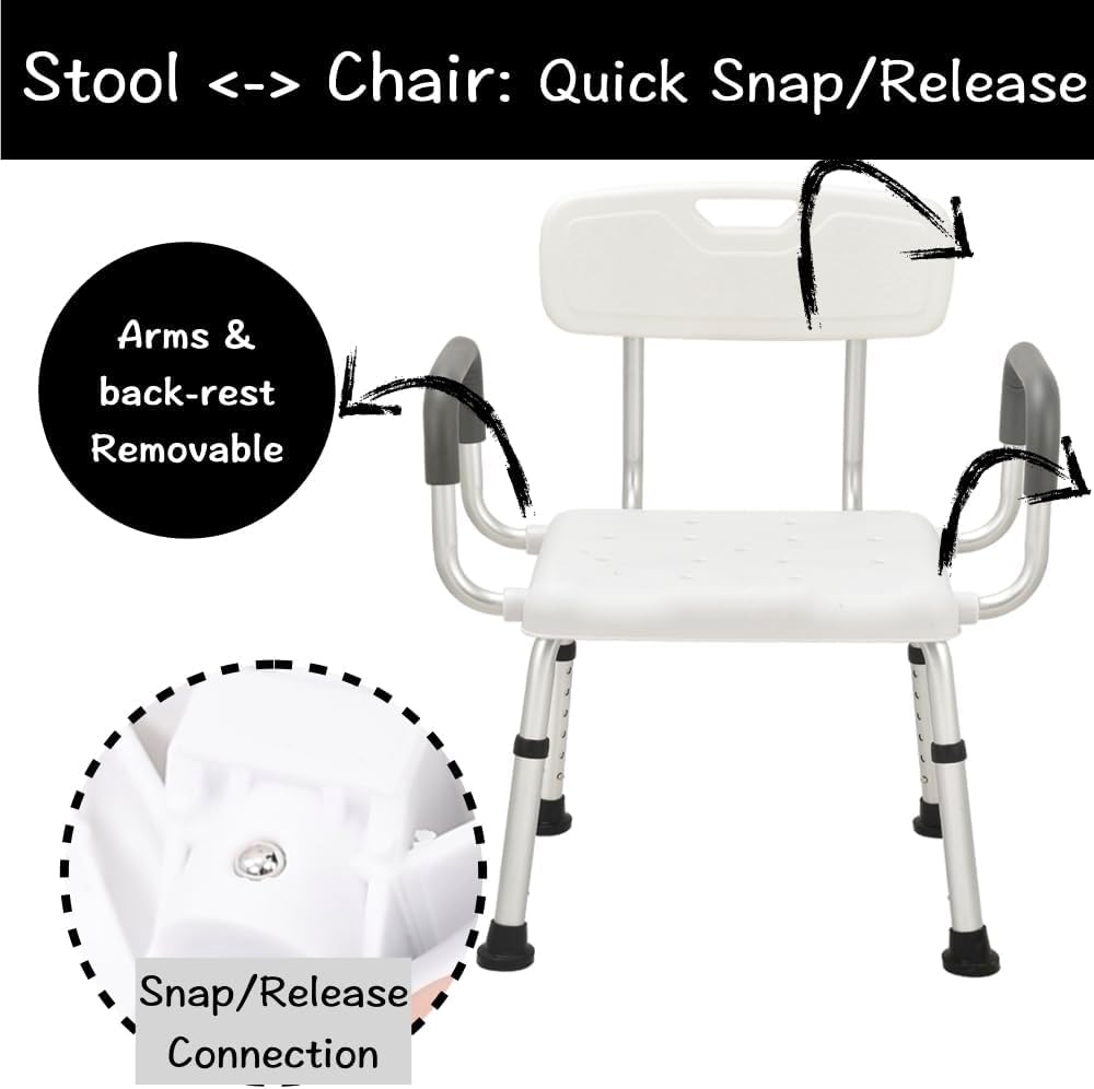 eOnekart Comfort Shower Chair with Back & Armrests, Height Adjustable Bathroom Bath Chair, Lightweight Anti-Rust Aluminum Shower Stool, Non-Slip Safe Support Seat for Elderly, Seniors, Disabled & Post-Surgery Patients