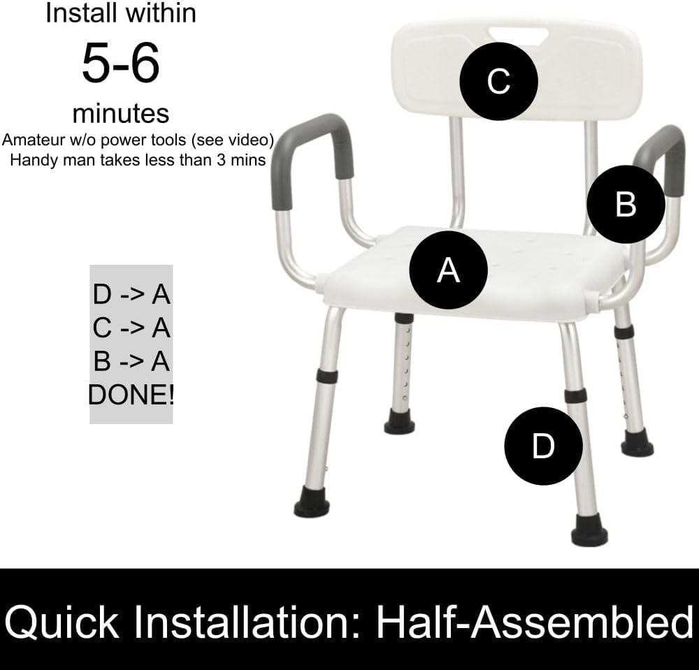 eOnekart Comfort Shower Chair with Back & Armrests, Height Adjustable Bathroom Bath Chair, Lightweight Anti-Rust Aluminum Shower Stool, Non-Slip Safe Support Seat for Elderly, Seniors, Disabled & Post-Surgery Patients