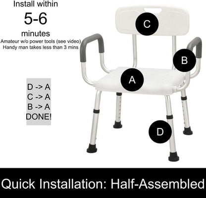 eOnekart Comfort Shower Chair with Back & Armrests, Height Adjustable Bathroom Bath Chair, Lightweight Anti-Rust Aluminum Shower Stool, Non-Slip Safe Support Seat for Elderly, Seniors, Disabled & Post-Surgery Patients