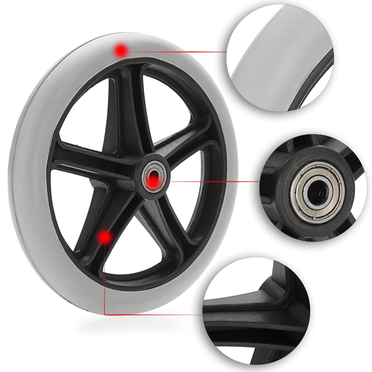 Premium Imported 8 Inch Front Caster Solid PU Wheel Replacement for Wheelchair With Bearing - Grey (Pack of 1)