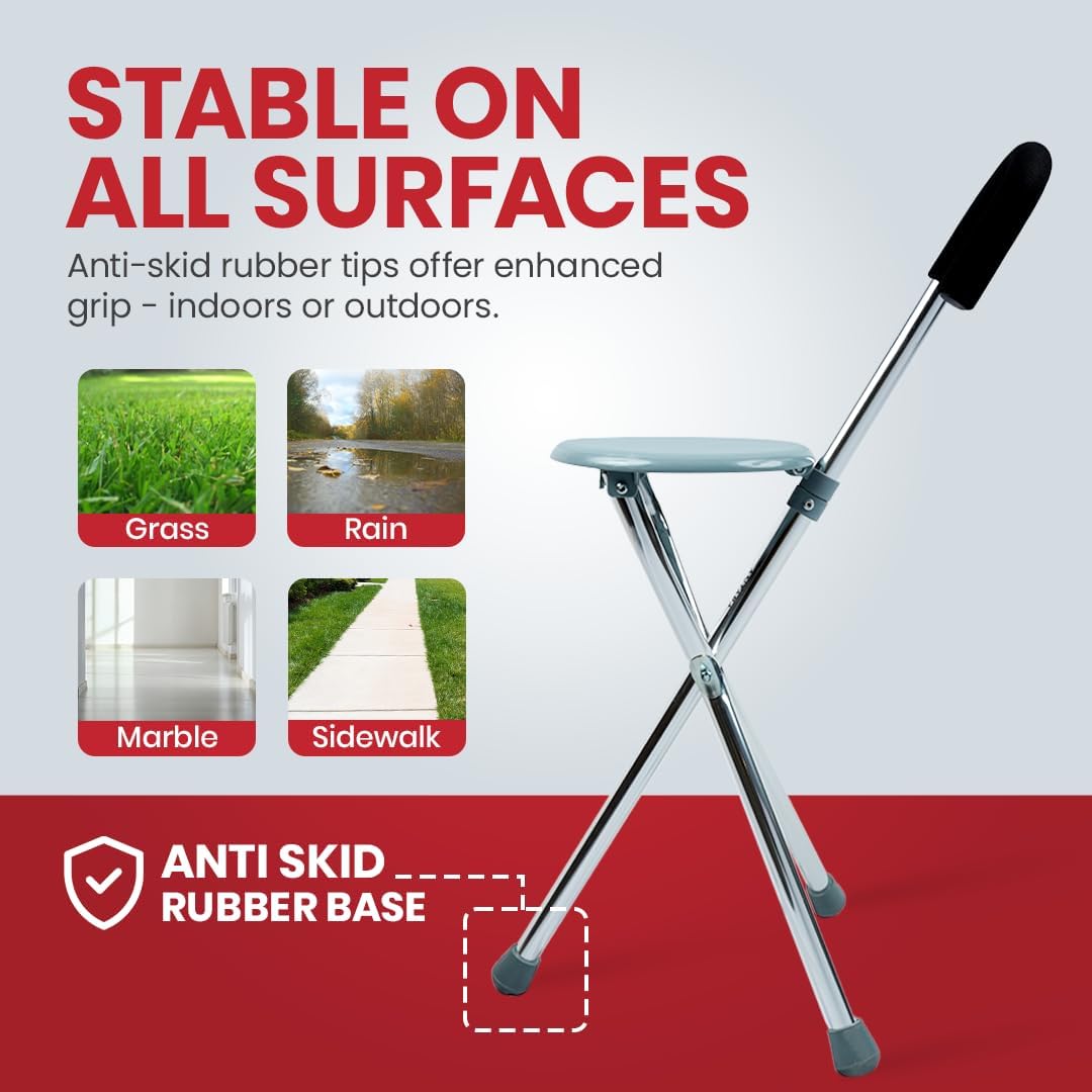 eOnekart Folding Walking Stick with Seat – Lightweight Portable Walking Cane Chair for Seniors, Adults & Outdoor Use | Adjustable Height, Aluminum Frame, Non-Slip Tripod Base, Travel & Rest Support