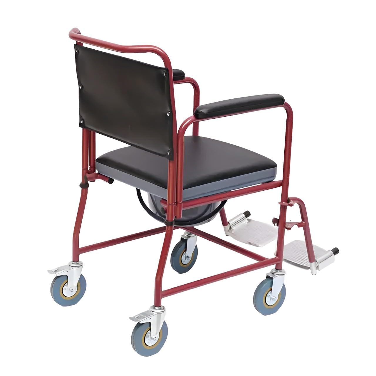 eOnekart Lightweight Portable Rolling Commode Wheelchair with Removable Pot & Padded Seat | Flip-Up Armrests, Detachable Footrests | Powder-Coated Steel Frame | 5-Inch Lockable Rear Wheels for Elderly & Patients