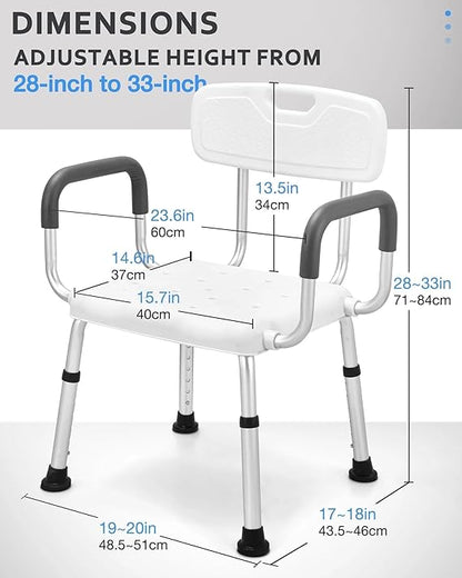 eOnekart Comfort Shower Chair with Back & Armrests, Height Adjustable Bathroom Bath Chair, Lightweight Anti-Rust Aluminum Shower Stool, Non-Slip Safe Support Seat for Elderly, Seniors, Disabled & Post-Surgery Patients