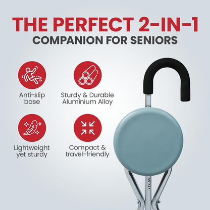 eOnekart Folding Walking Stick with Seat – Lightweight Portable Walking Cane Chair for Seniors, Adults & Outdoor Use | Adjustable Height, Aluminum Frame, Non-Slip Tripod Base, Travel & Rest Support